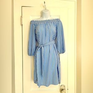 Off The Shoulder Blue & White Stripe Dress